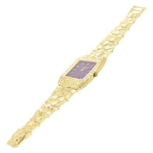 10k Yellow Gold Nugget Bracelet Link Wrist Watch Geneve with Diamond 7.5-8" 49g
