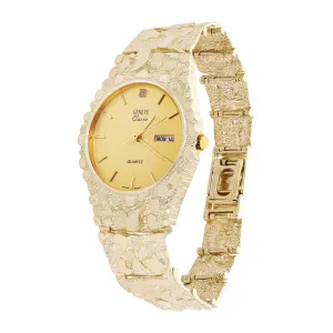 10k Yellow Gold Nugget Link Geneve Wrist Watch with Diamond 8-8.5" 53 grams