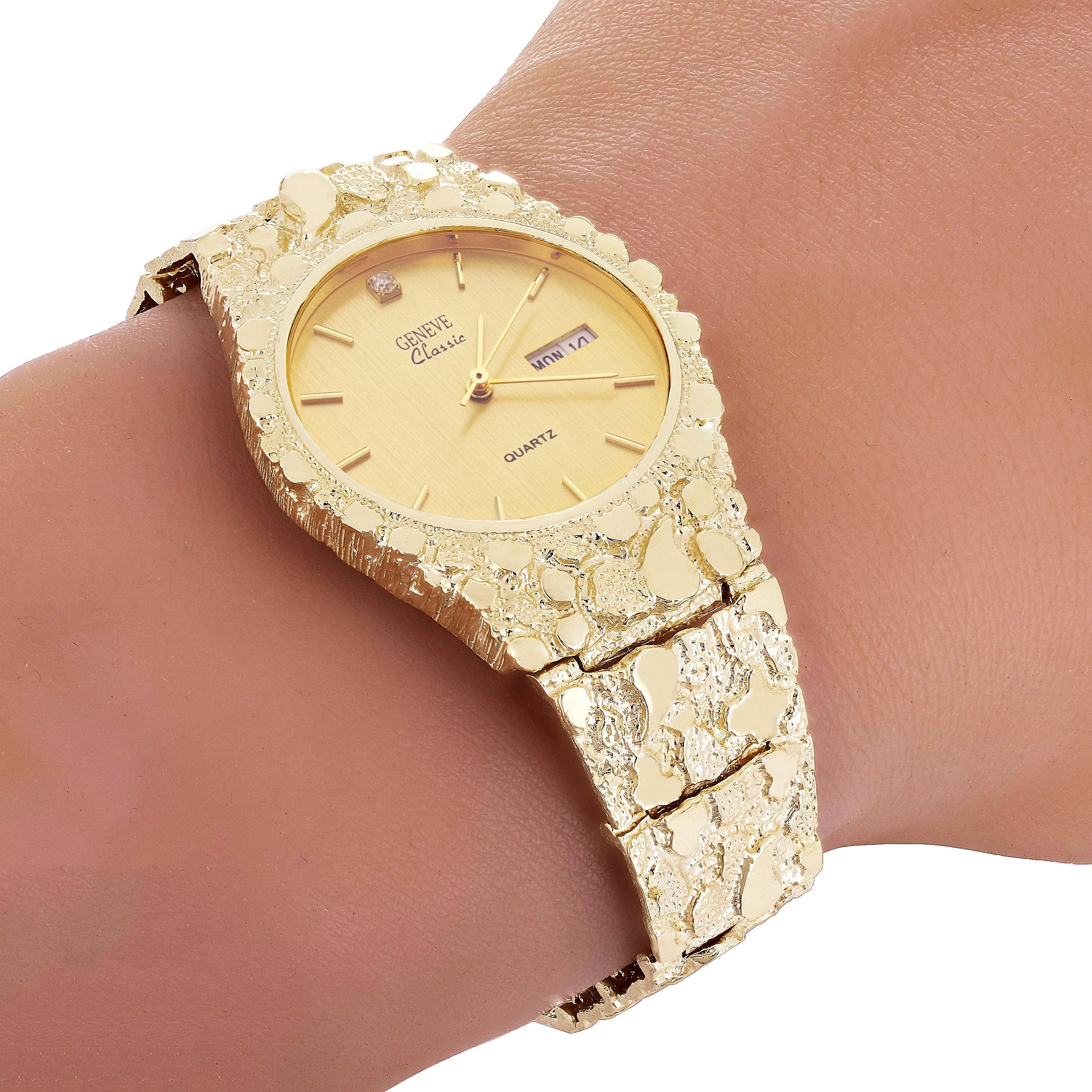 10k Yellow Gold Nugget Link Geneve Wrist Watch with Diamond 8-8.5" 53 grams