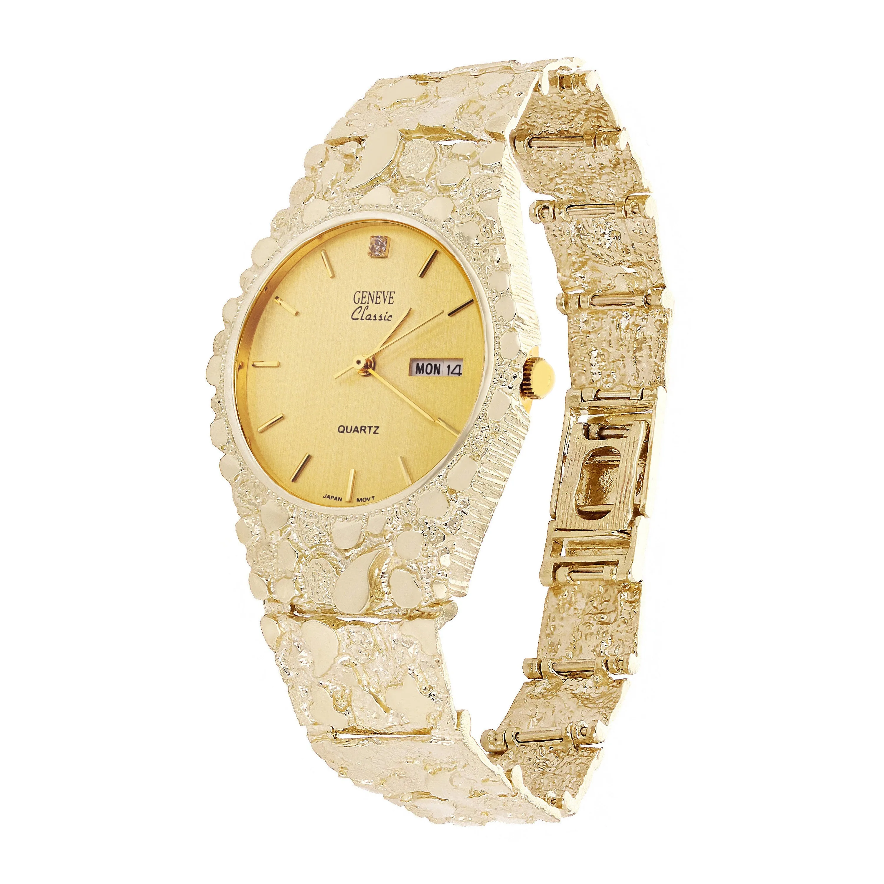10k Yellow Gold Nugget Link Geneve Wrist Watch with Diamond 8-8.5" 53 grams