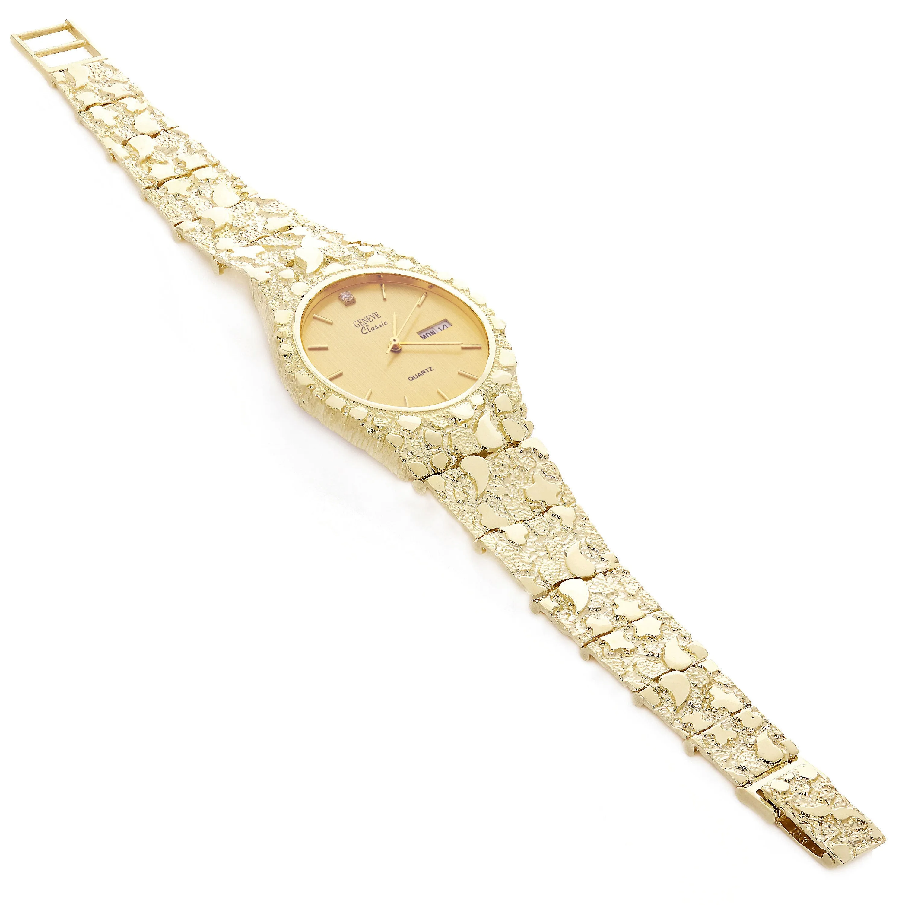 10k Yellow Gold Nugget Link Geneve Wrist Watch with Diamond 8-8.5" 53 grams