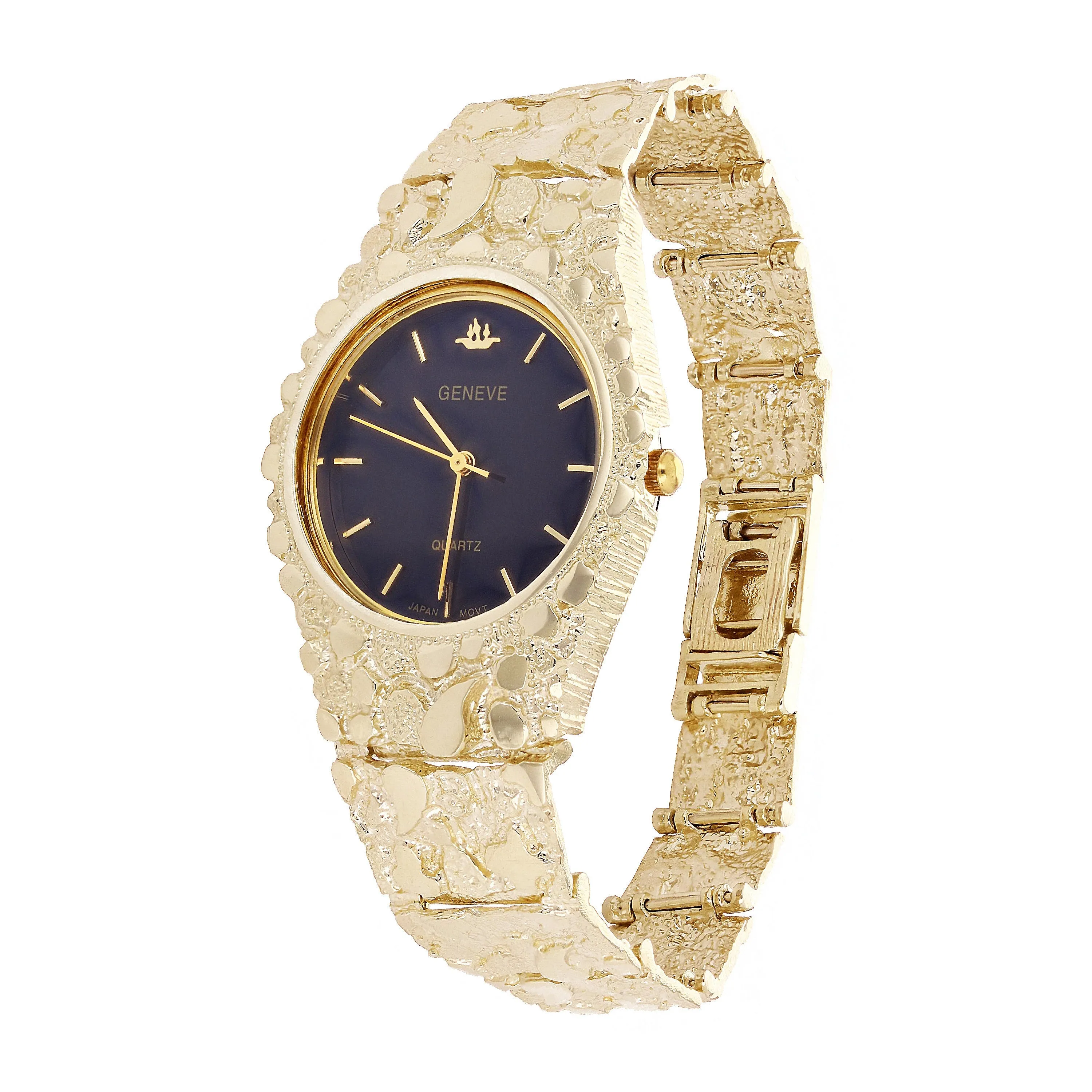 10k Yellow Gold Nugget Link Geneve Wrist Watch with Diamond 8-8.5" 54 grams