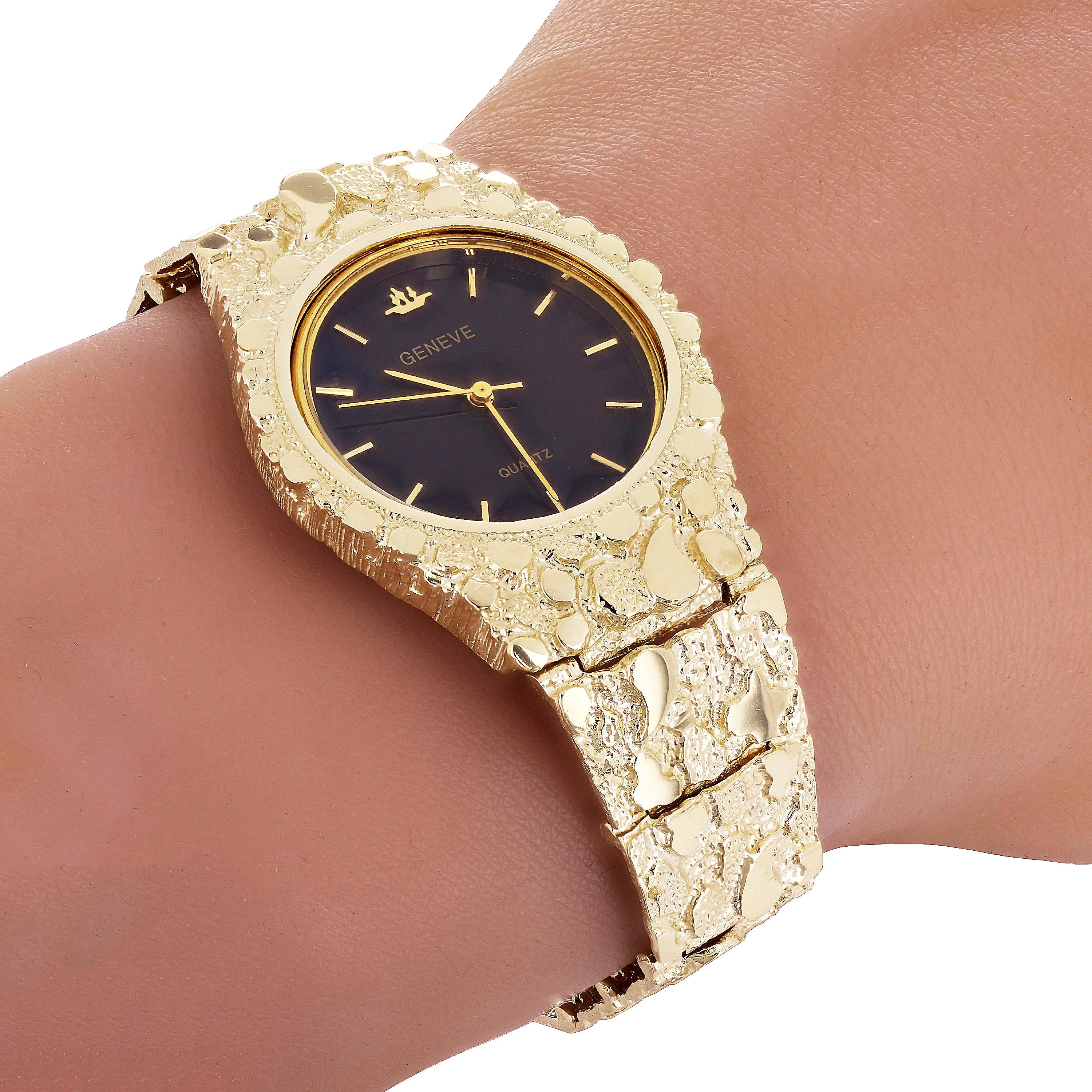 10k Yellow Gold Nugget Link Geneve Wrist Watch with Diamond 8-8.5" 54 grams