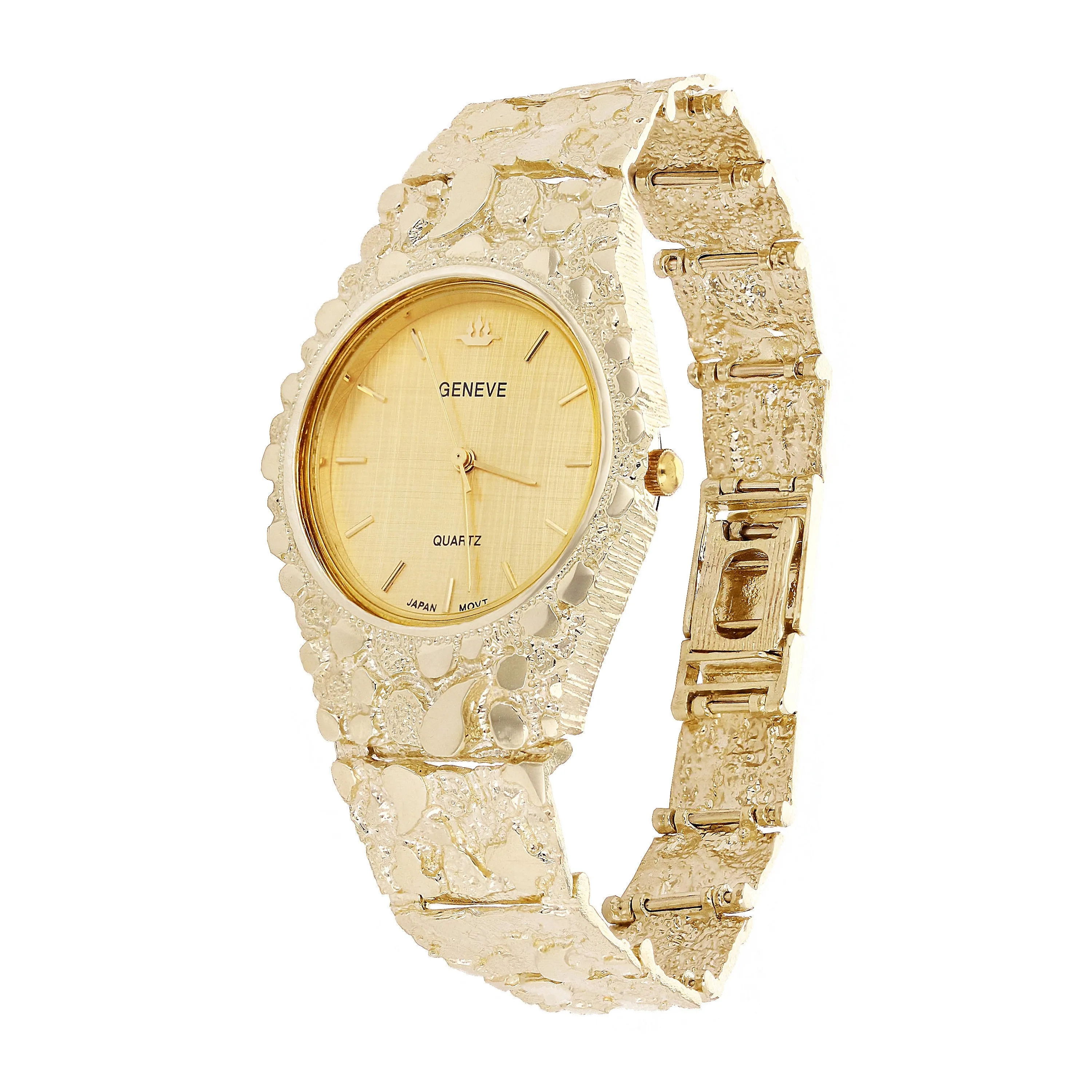14k Yellow Gold Nugget Link Geneve Wrist Watch Adjustable 8.5-9" 64 grams