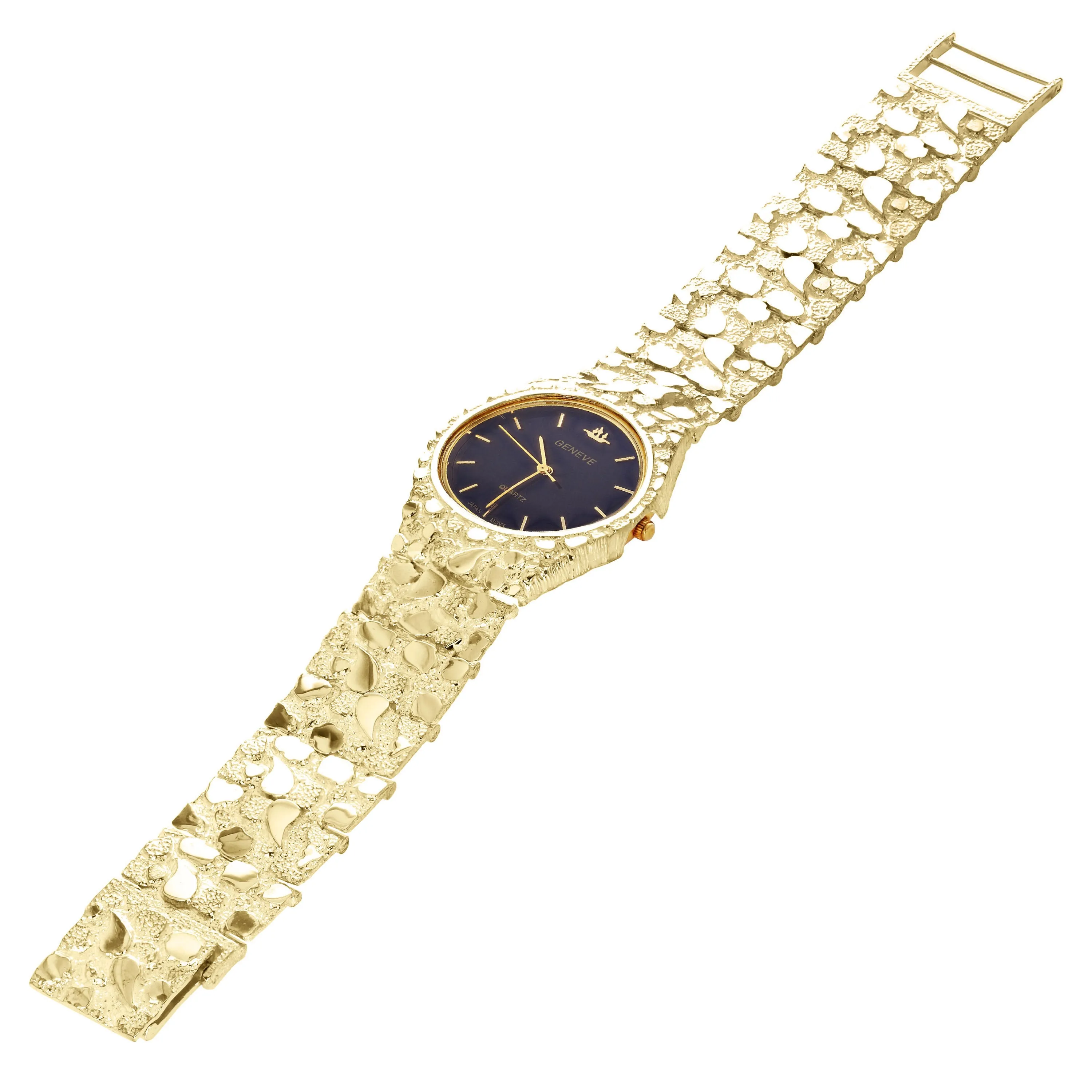 14k Yellow Gold Nugget Link Geneve Wrist Watch Straight Band Adj.8-8.5" 80 grams