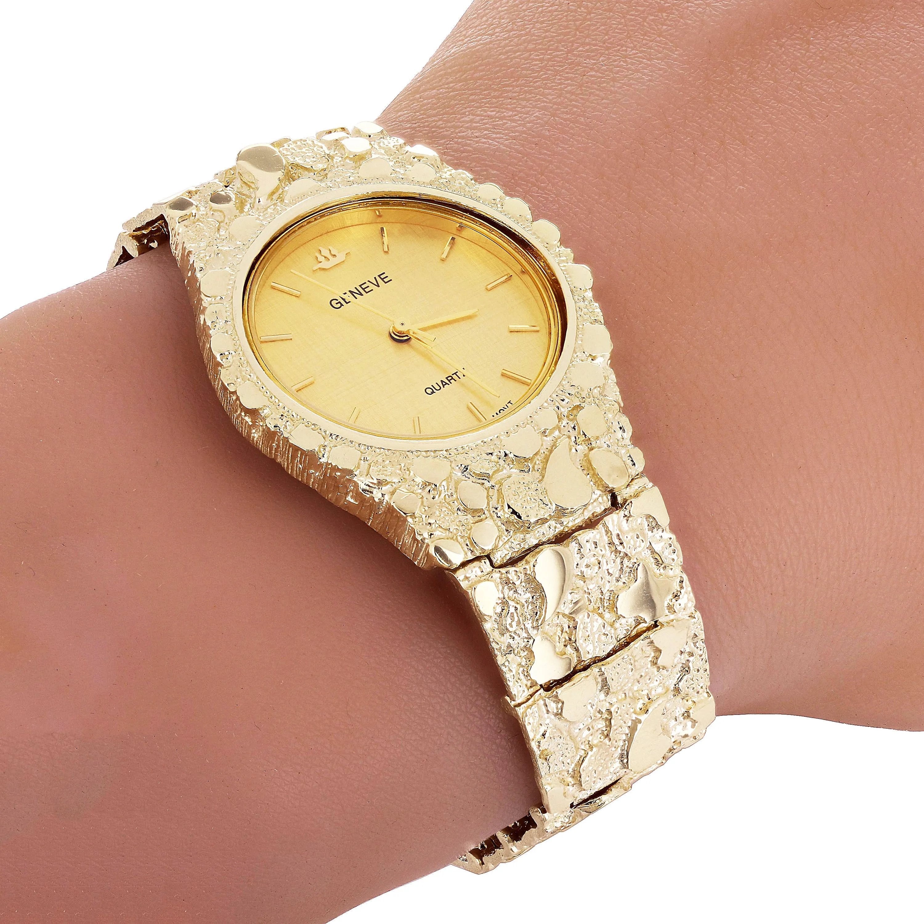 14k Yellow Gold Nugget Link Geneve Wrist Watch Straight Band Adj.8-8.5" 80 grams