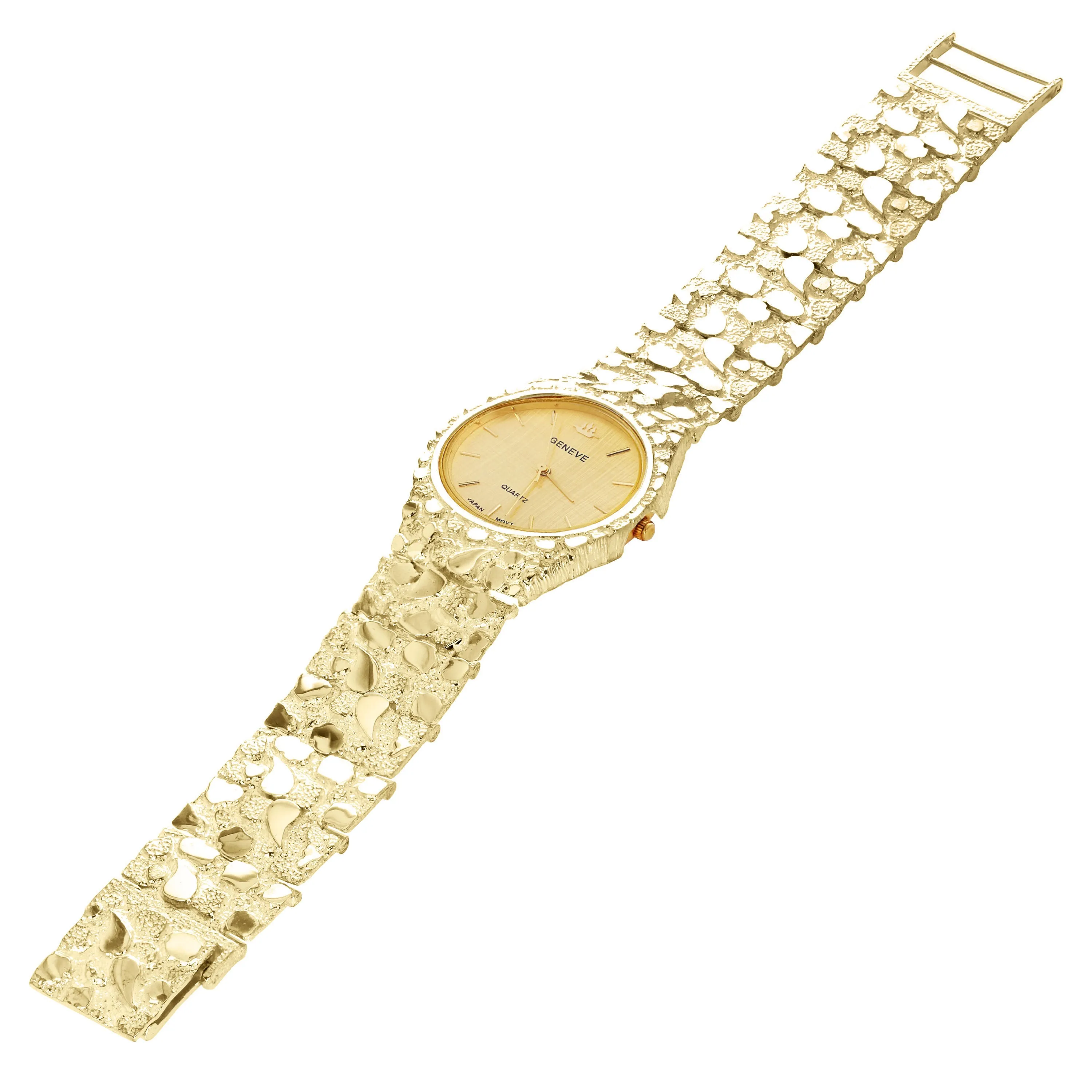 14k Yellow Gold Nugget Link Geneve Wrist Watch Straight Band Adj.8-8.5" 80 grams