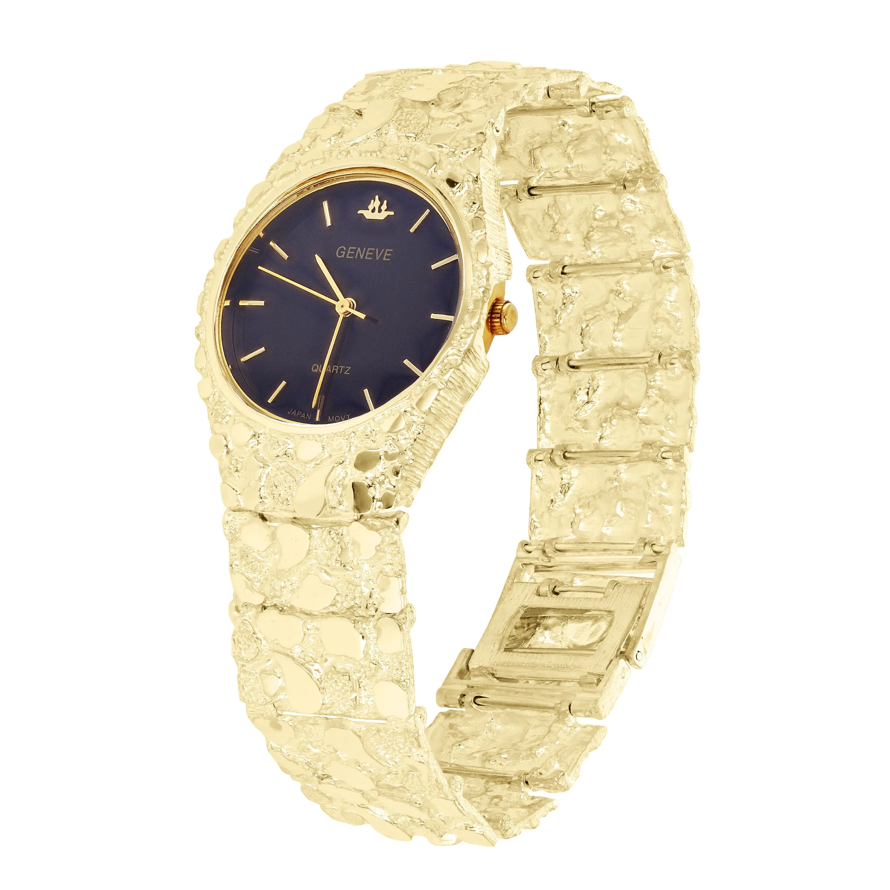14k Yellow Gold Nugget Link Geneve Wrist Watch Straight Band Adj.8-8.5" 80 grams