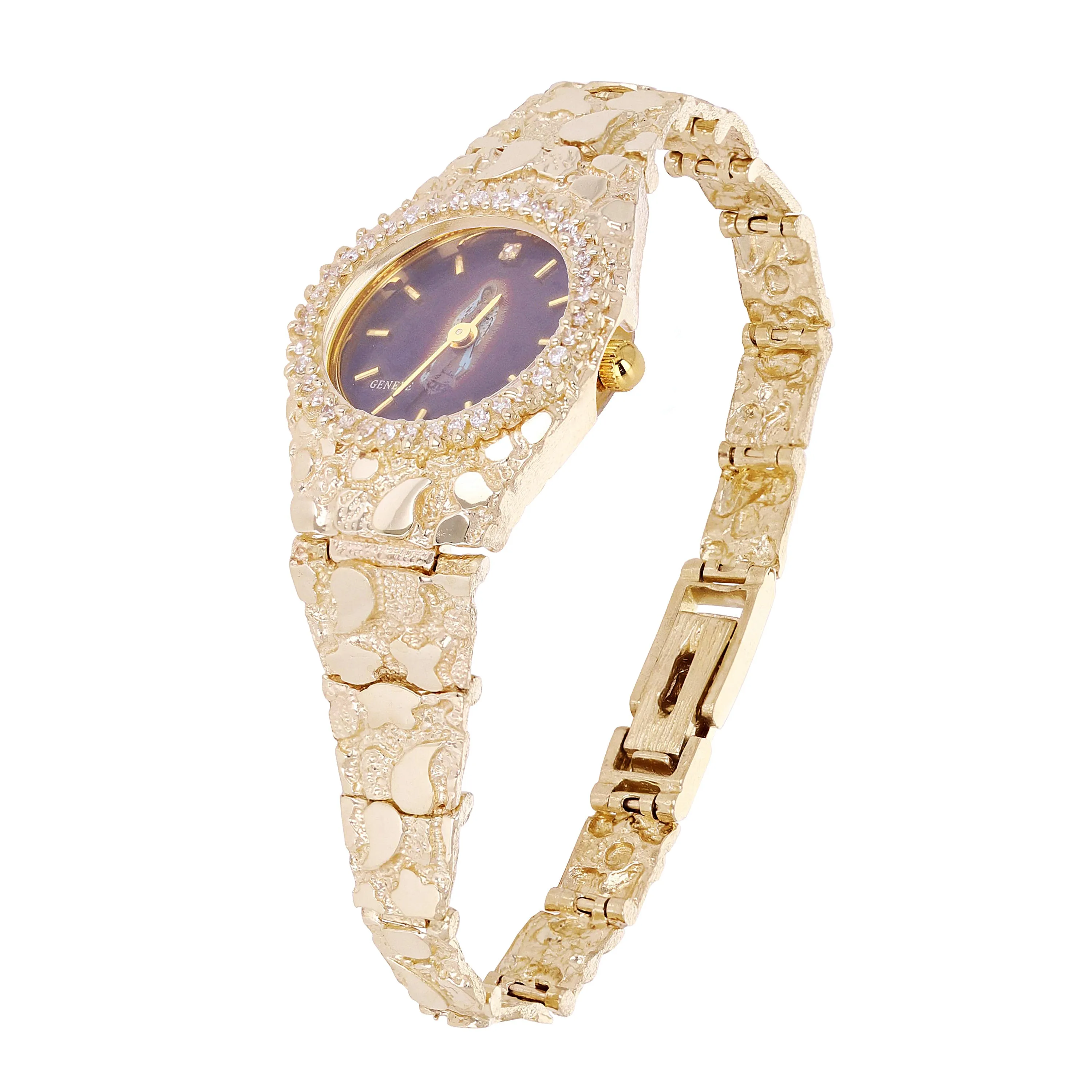 14k Yellow Gold Nugget Wrist Watch Guadalupe Geneve Diamond Watch 6.5"-7" 29.8g
