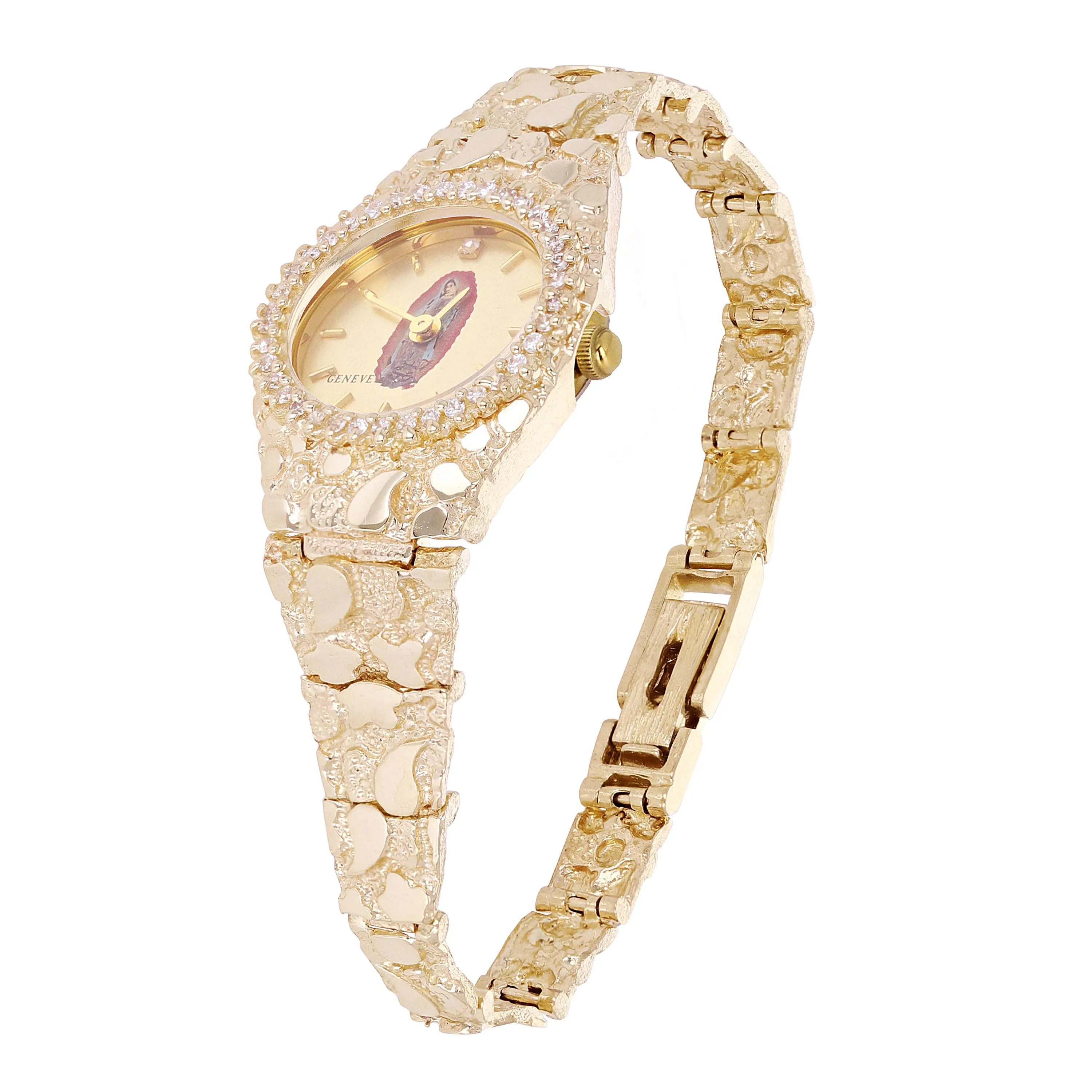14k Yellow Gold Nugget Wrist Watch Guadalupe Geneve Diamond Watch 6.5"-7" 29.8g