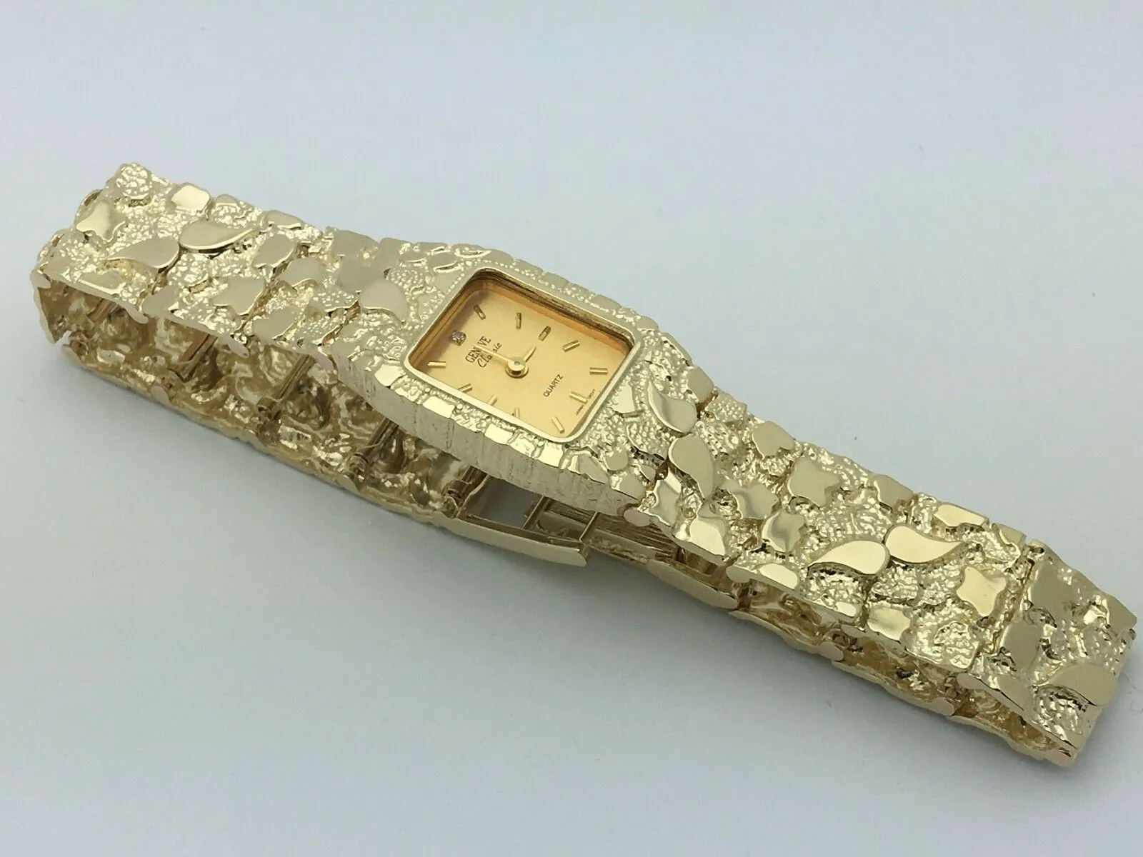14k Yellow Gold Solid Nugget Wrist Watch Link Bracelet with Geneve Watch 8" 41g