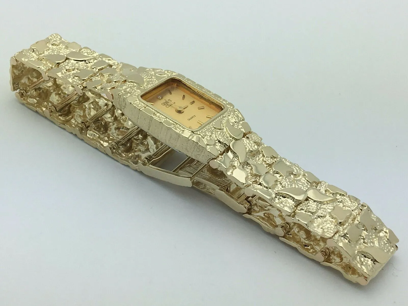 14k Yellow Gold Solid Nugget Wrist Watch Link Bracelet with Geneve Watch 8" 41g