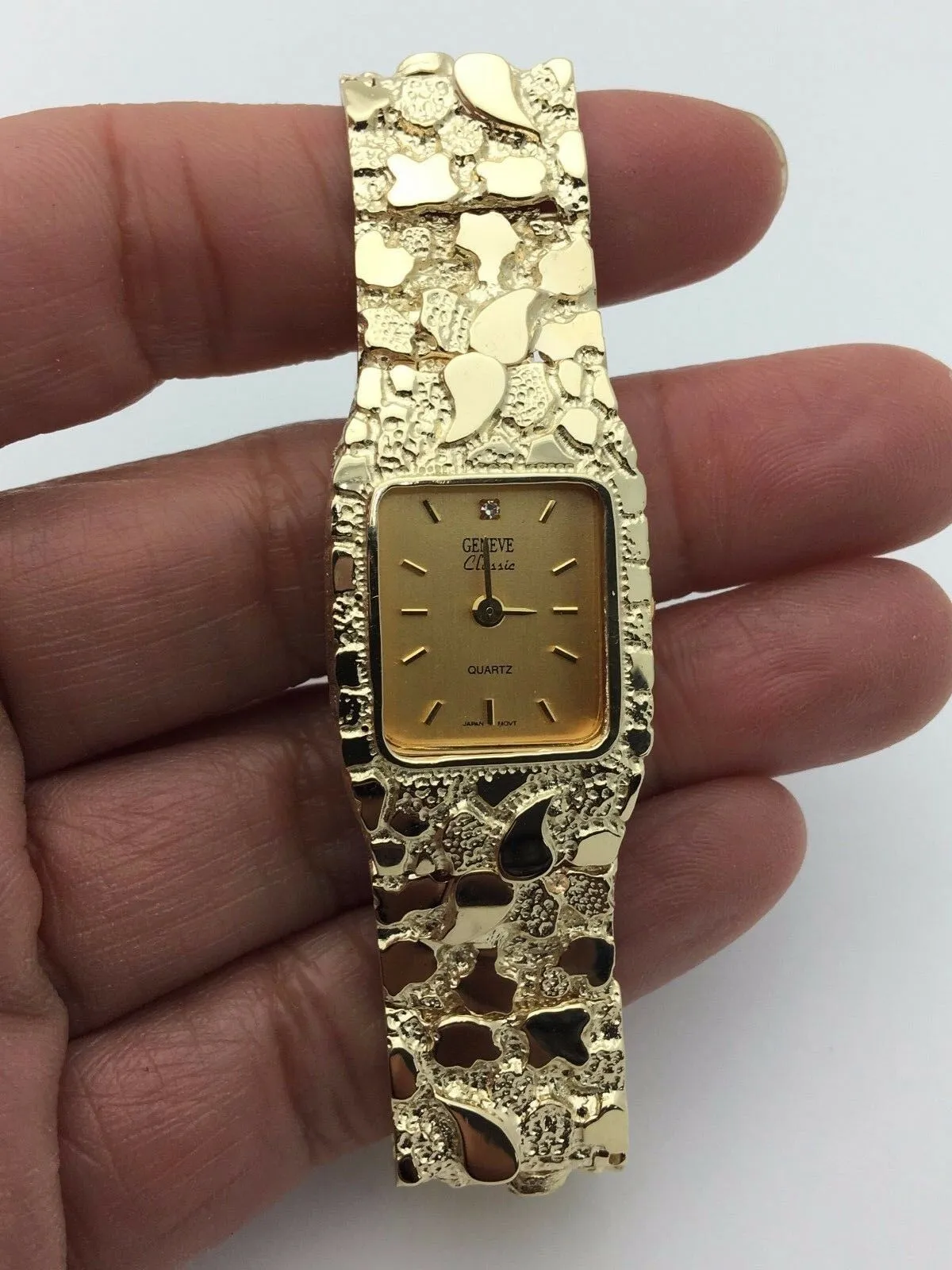 14k Yellow Gold Solid Nugget Wrist Watch Link Bracelet with Geneve Watch 8" 41g