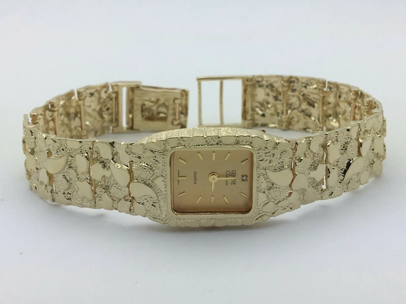 14k Yellow Gold Solid Nugget Wrist Watch Link Bracelet with Geneve Watch 8" 41g