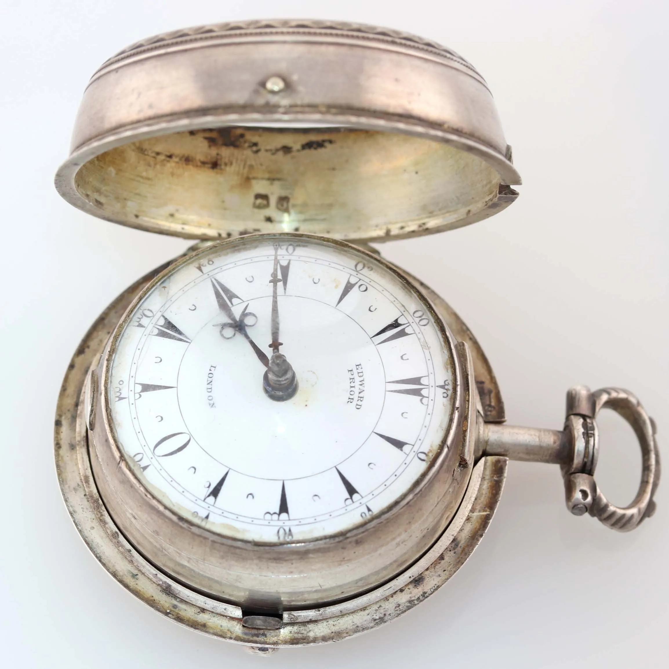 1800s Antique Edward Prior London Silver Triple Case Verge Fusee Pocket Watch