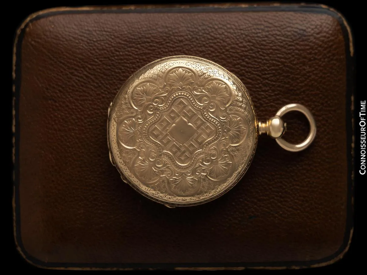 1860's Patek Philippe Antique Mens Midsize 40mm Hunter Case Pocket Watch with Box & Tag - 18K Gold