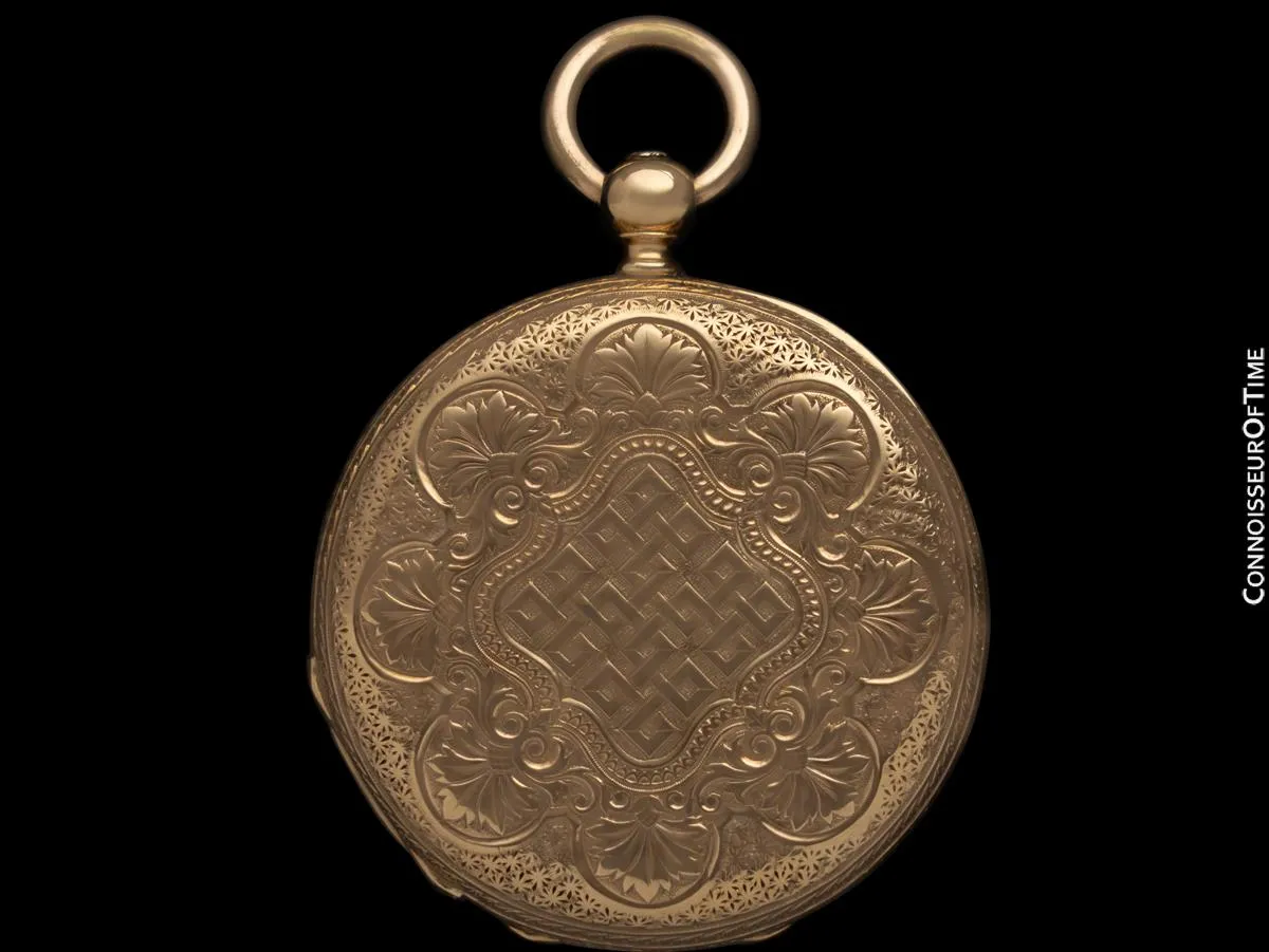 1860's Patek Philippe Antique Mens Midsize 40mm Hunter Case Pocket Watch with Box & Tag - 18K Gold