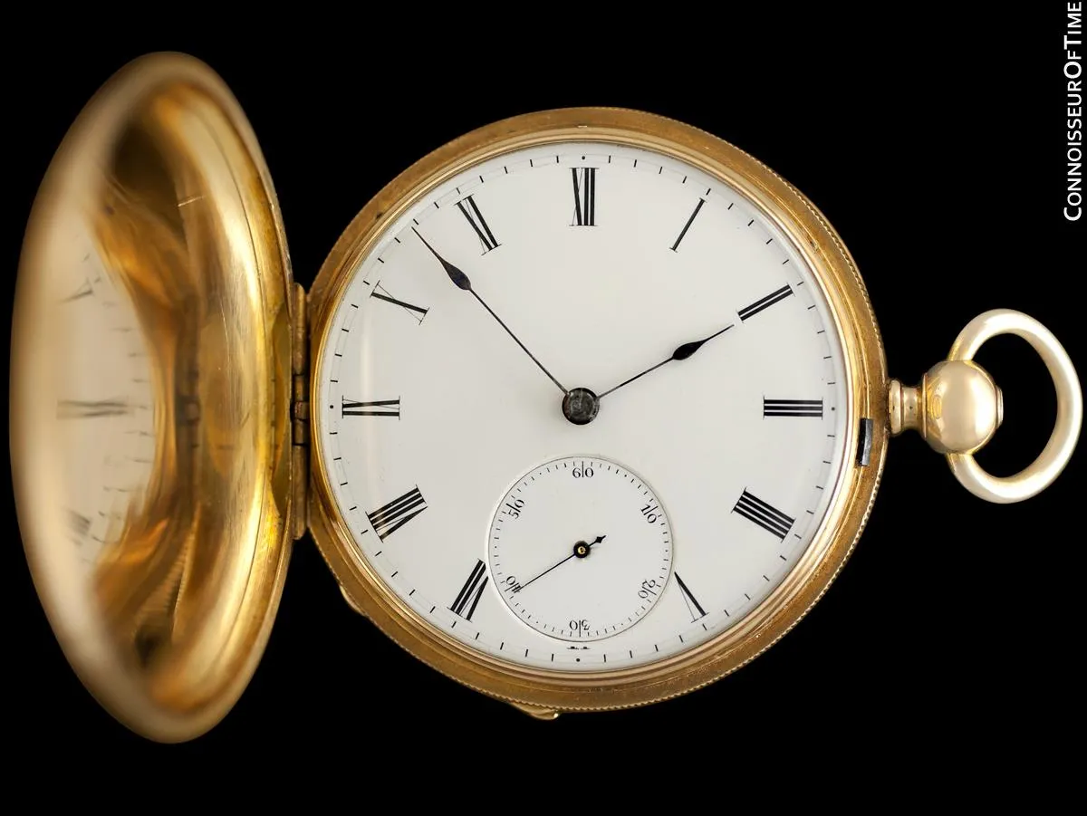 1870's Patek Philippe Antique Mens Midsize 50mm Hunter Case Pocket Watch - 18K Gold