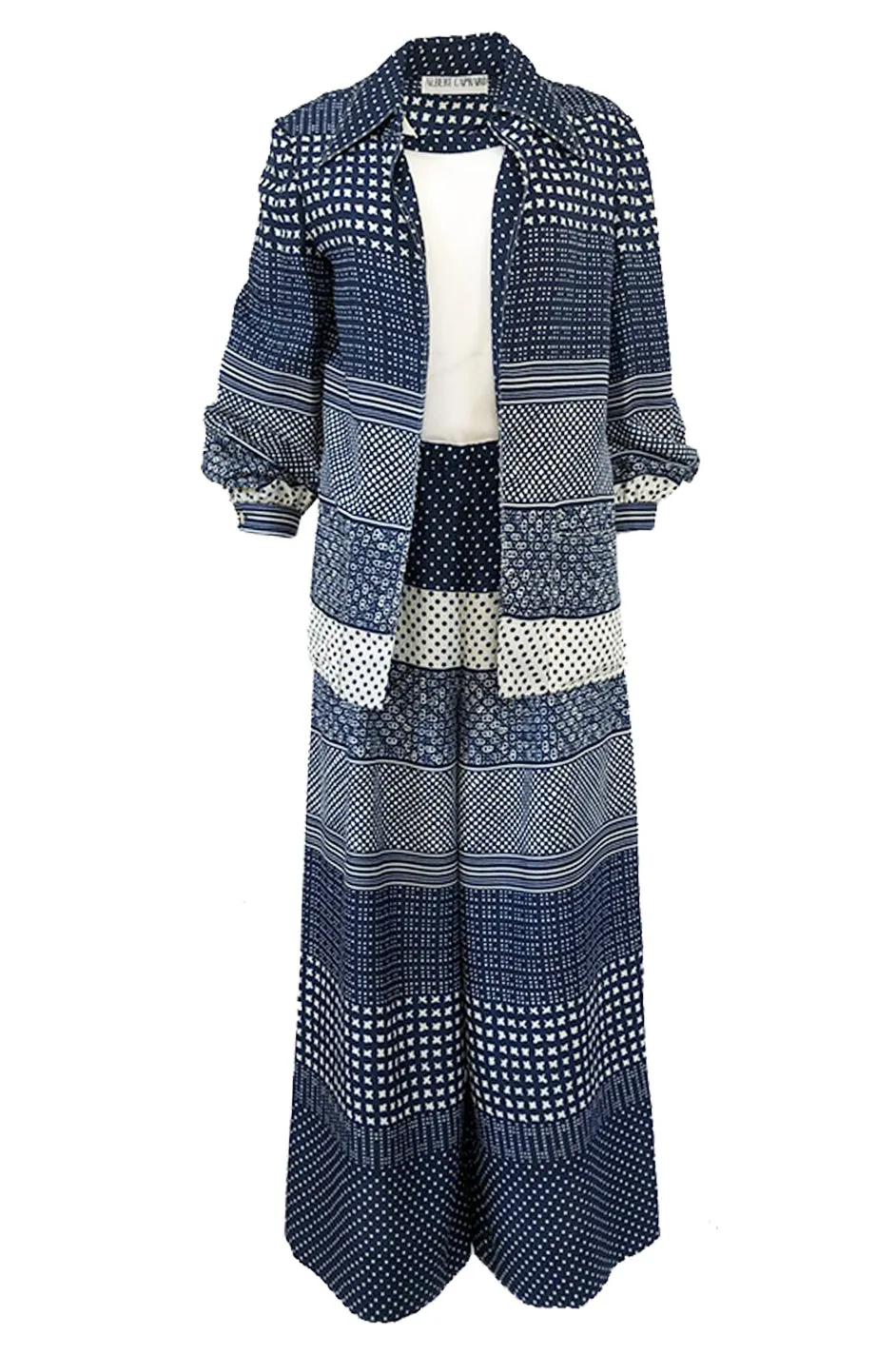 1970s Albert Capraro Three Piece Graphic Jersey Pant, Top & Jacket Set