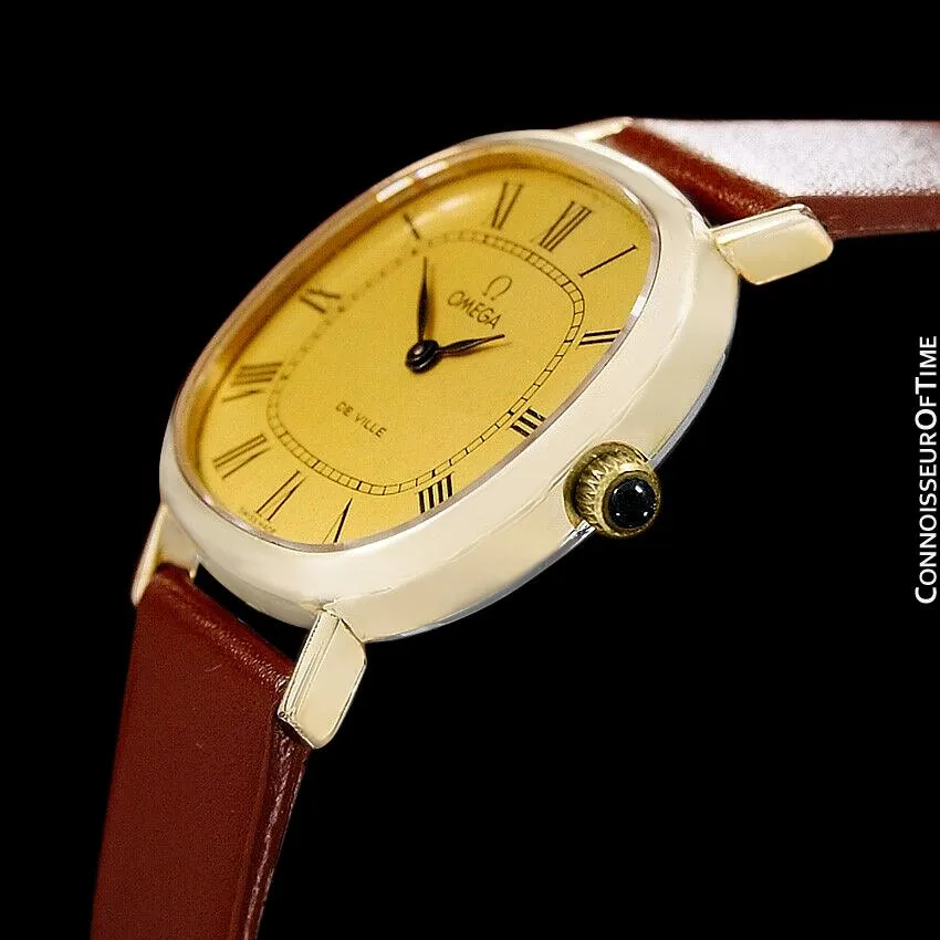 1970's Omega De Ville Vintage Mens Midsize Retro Ultra Thin Watch - 18K Gold Plated & Stainless Steel