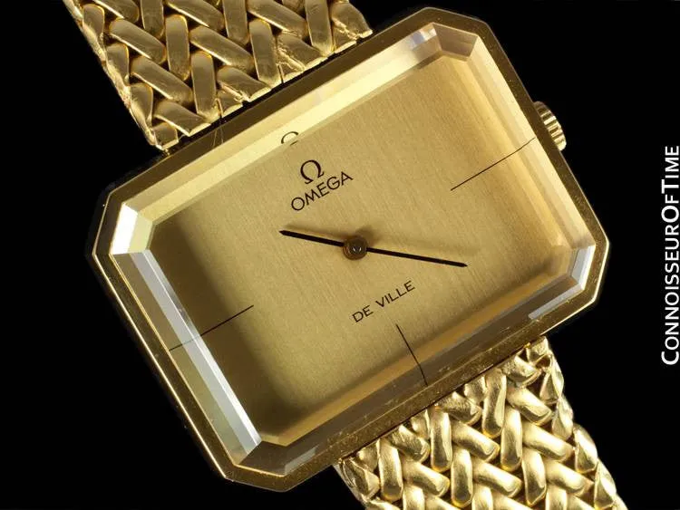 1973 Omega De Ville Mens Midsize "Emerald" Modern Watch By Andrew Grima - 18K Gold Plated & Stainless Steel