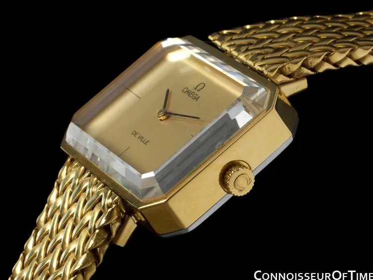 1973 Omega De Ville Mens Midsize "Emerald" Modern Watch By Andrew Grima - 18K Gold Plated & Stainless Steel
