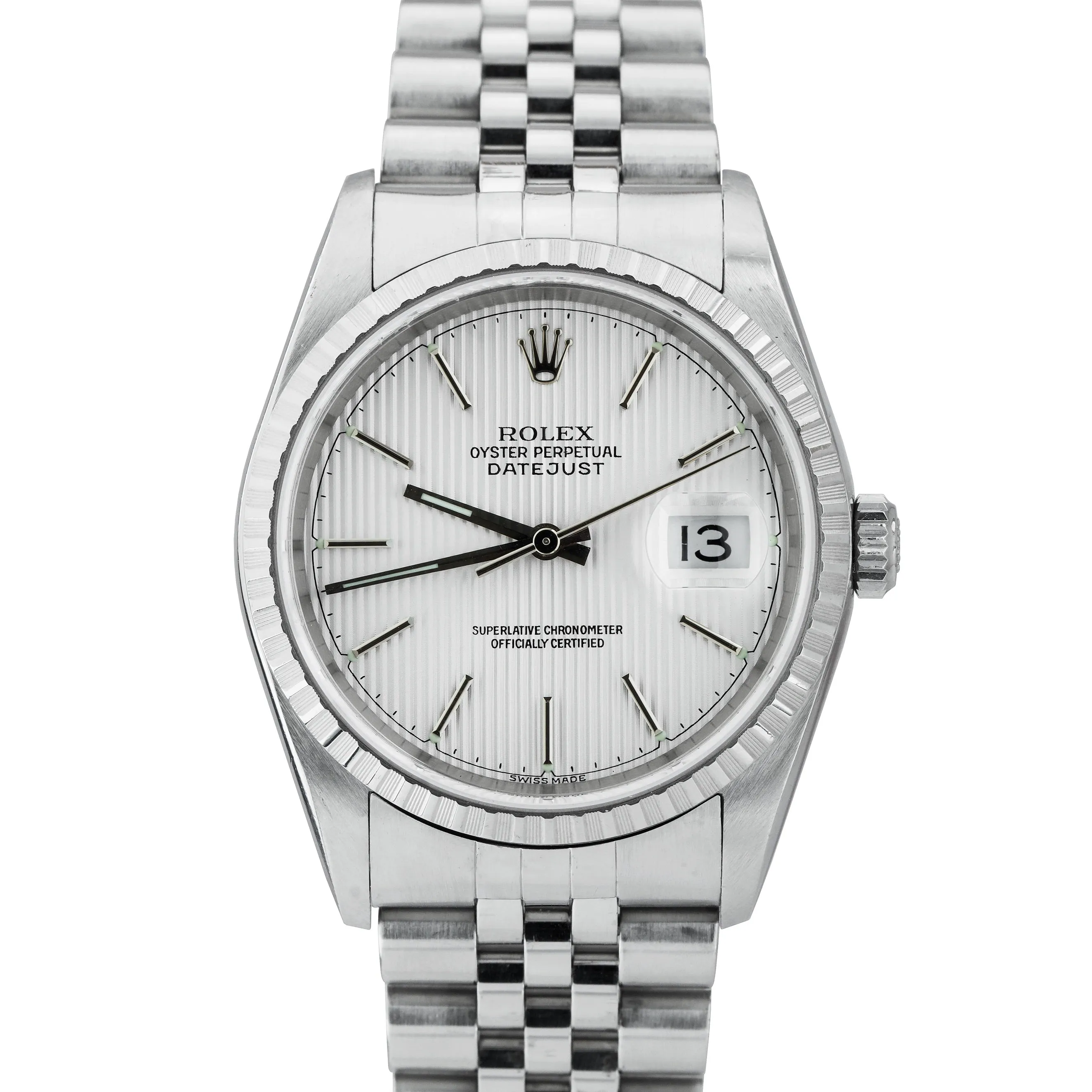 2002 Rolex DateJust 36mm Silver Tapestry 16220 NO-HOLES CASE Jubilee Watch 16234