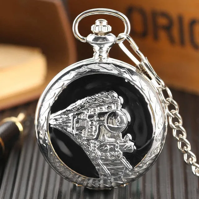 2019 New Train Locomotive Engine Pattern Hollow Cover Design Pocket Watch Necklace Pendant Chain Unisex Gifts Clock cep saati