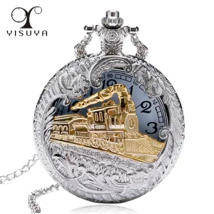 2019 New Train Locomotive Engine Pattern Hollow Cover Design Pocket Watch Necklace Pendant Chain Unisex Gifts Clock cep saati
