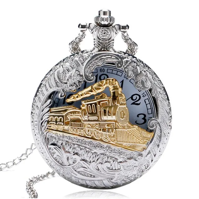 2019 New Train Locomotive Engine Pattern Hollow Cover Design Pocket Watch Necklace Pendant Chain Unisex Gifts Clock cep saati