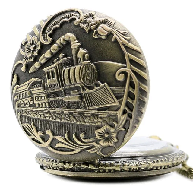2019 New Train Locomotive Engine Pattern Hollow Cover Design Pocket Watch Necklace Pendant Chain Unisex Gifts Clock cep saati