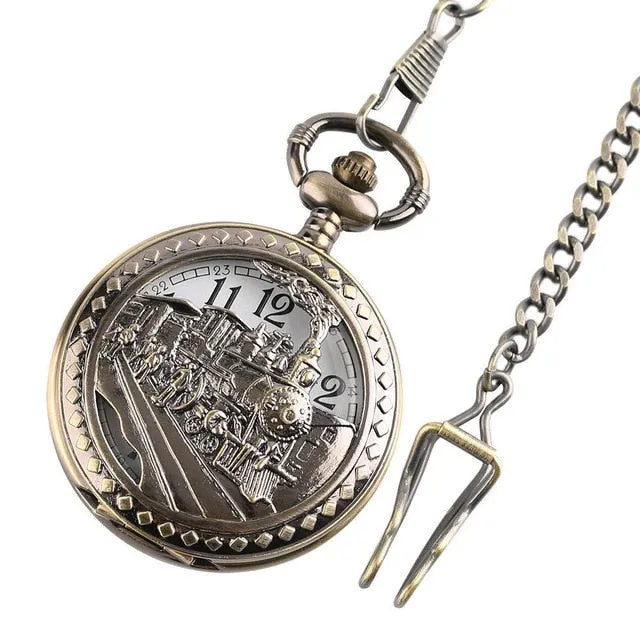 2019 New Train Locomotive Engine Pattern Hollow Cover Design Pocket Watch Necklace Pendant Chain Unisex Gifts Clock cep saati