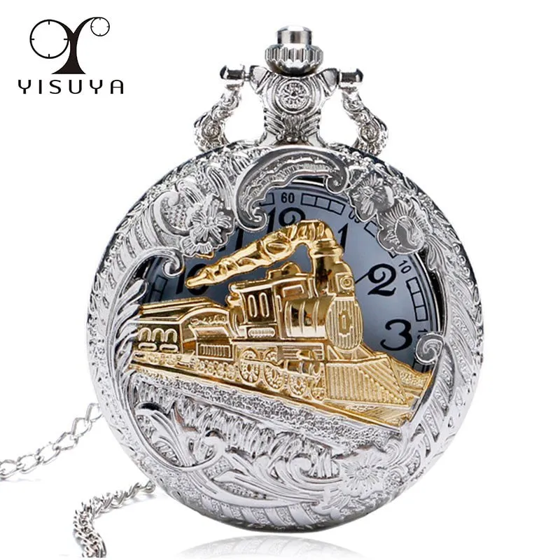 2019 New Train Locomotive Engine Pattern Hollow Cover Design Pocket Watch Necklace Pendant Chain Unisex Gifts Clock cep saati