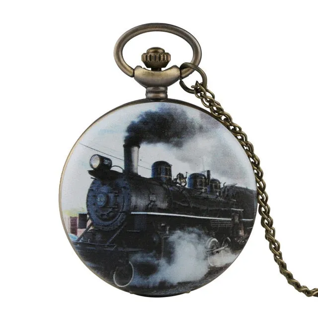 2019 New Train Locomotive Engine Pattern Hollow Cover Design Pocket Watch Necklace Pendant Chain Unisex Gifts Clock cep saati