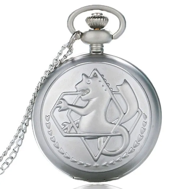 2019 Silver/Bronze Tone Fullmetal Alchemist Pocket Watch Cosplay Edward Elric Anime Design Boys Pendant Necklace Chain Best Gift