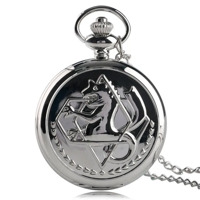 2019 Silver/Bronze Tone Fullmetal Alchemist Pocket Watch Cosplay Edward Elric Anime Design Boys Pendant Necklace Chain Best Gift