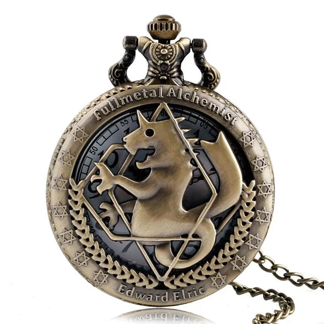2019 Silver/Bronze Tone Fullmetal Alchemist Pocket Watch Cosplay Edward Elric Anime Design Boys Pendant Necklace Chain Best Gift