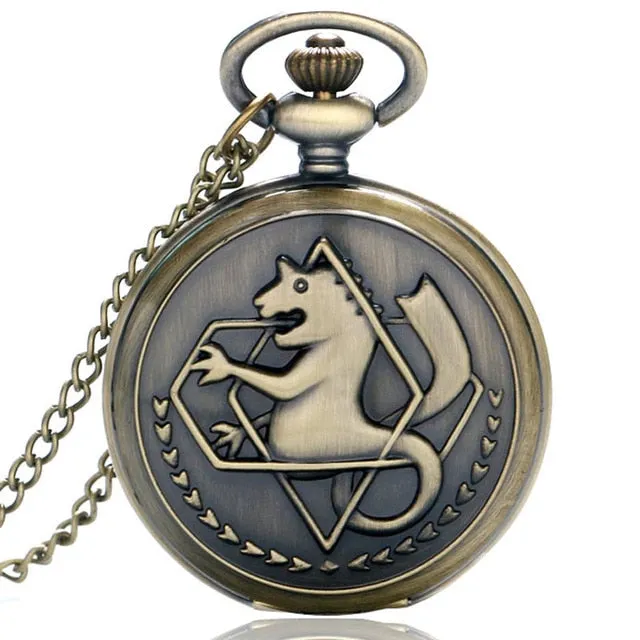 2019 Silver/Bronze Tone Fullmetal Alchemist Pocket Watch Cosplay Edward Elric Anime Design Boys Pendant Necklace Chain Best Gift