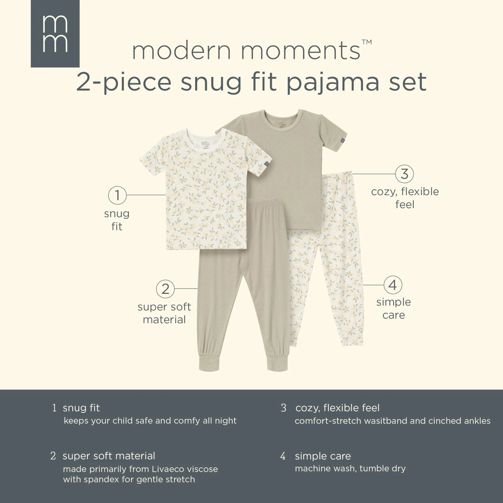 4-Piece Infant & Toddler Girls Lemon Vines Snug Fitting Pajamas