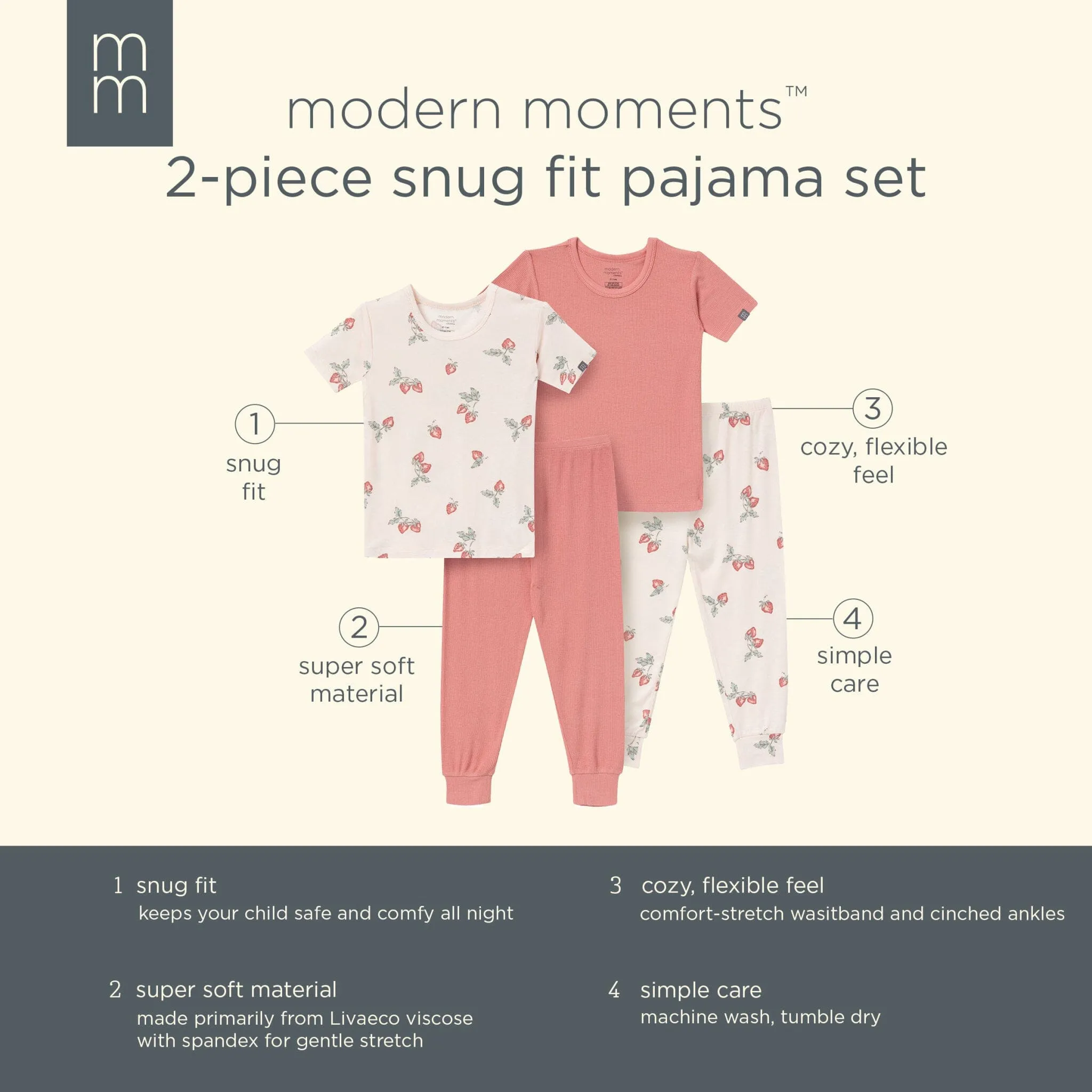 4-Piece Infant & Toddler Girls Rose Strawberry Snug Fitting Pajamas