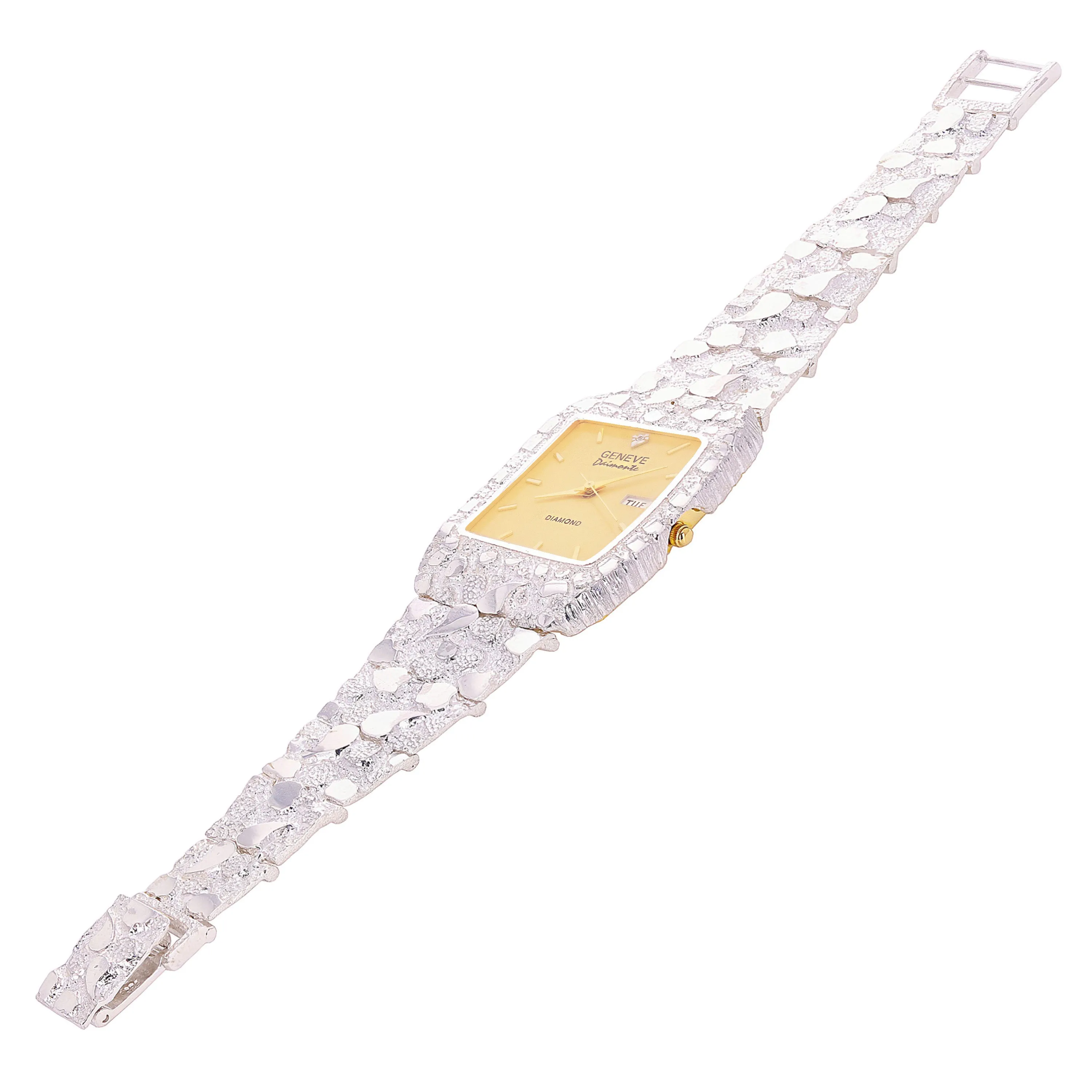 925 Sterling Silver Nugget Band Bracelet Geneve with Diamond Watch 7" - 9"