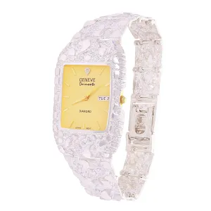 925 Sterling Silver Nugget Band Bracelet Geneve with Diamond Watch 7" - 9"