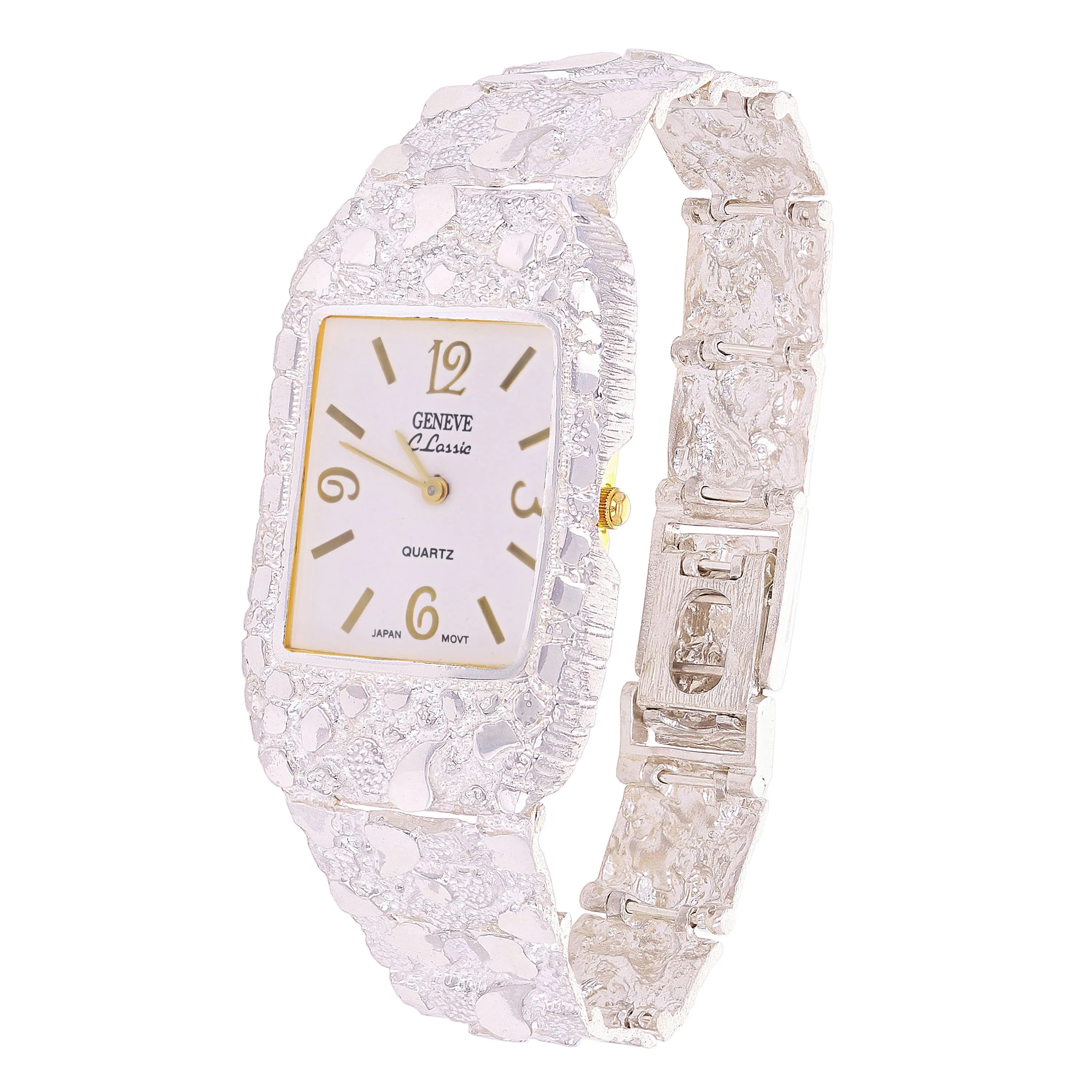 925 Sterling Silver Nugget Link Bracelet Geneve Watch 7.5-8" 47 grams