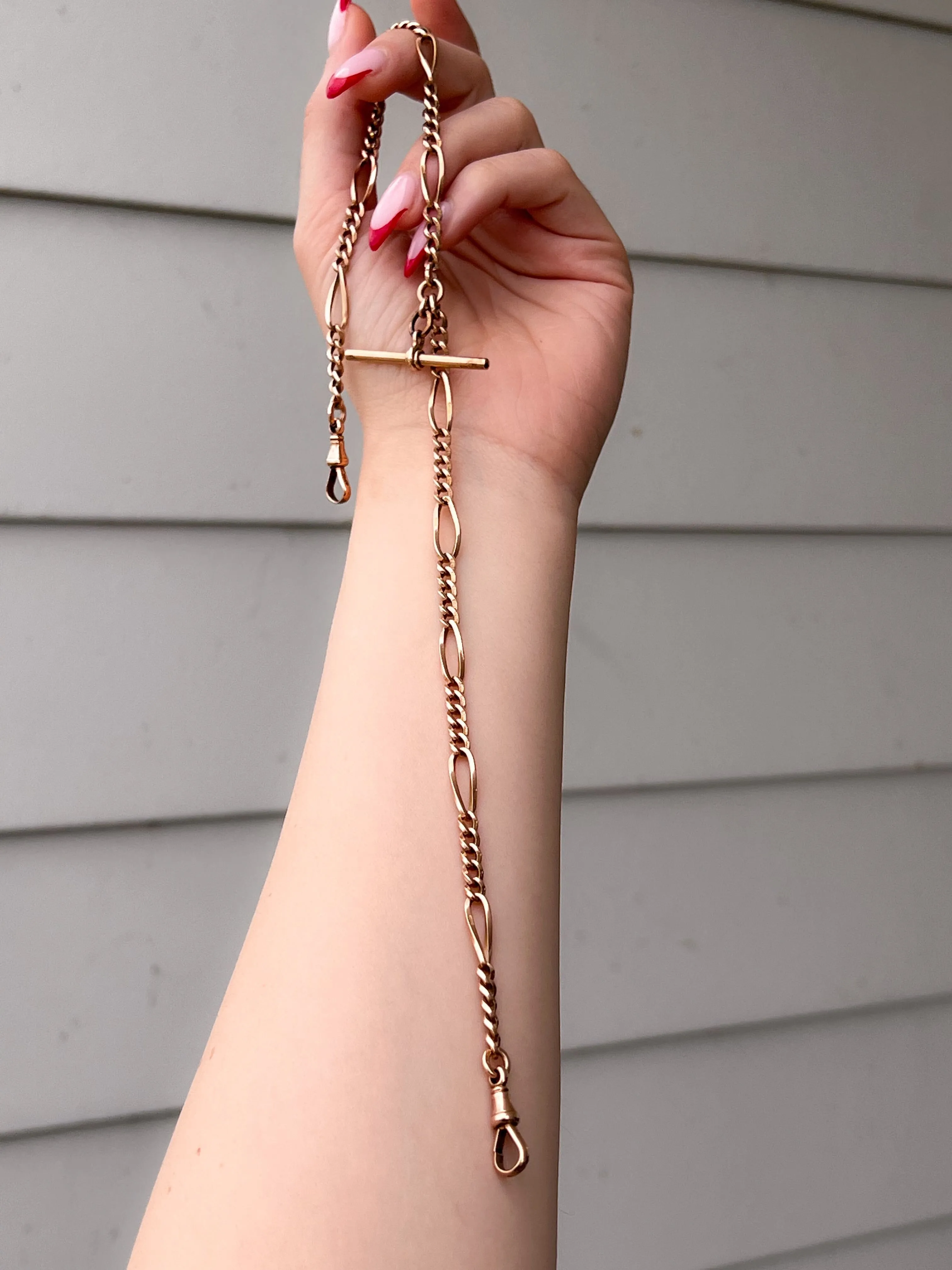 9k Victorian Watch Chain with T-Bar   Two Dog Clips