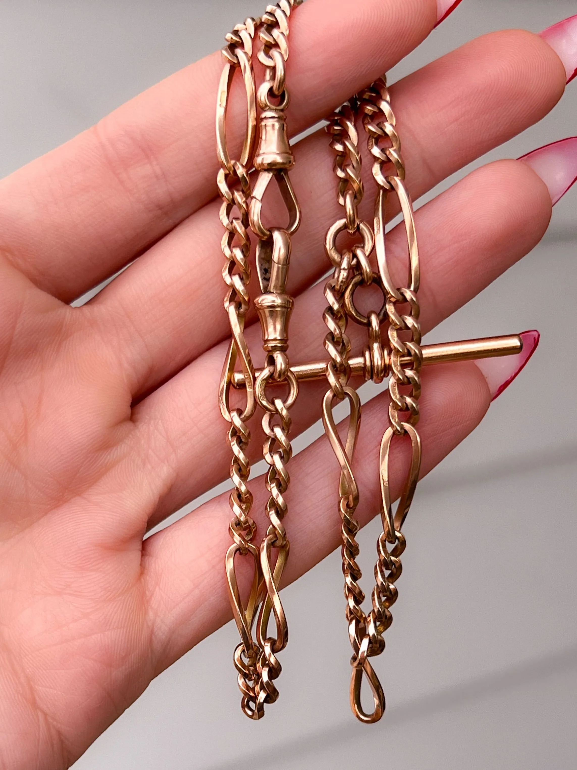 9k Victorian Watch Chain with T-Bar   Two Dog Clips