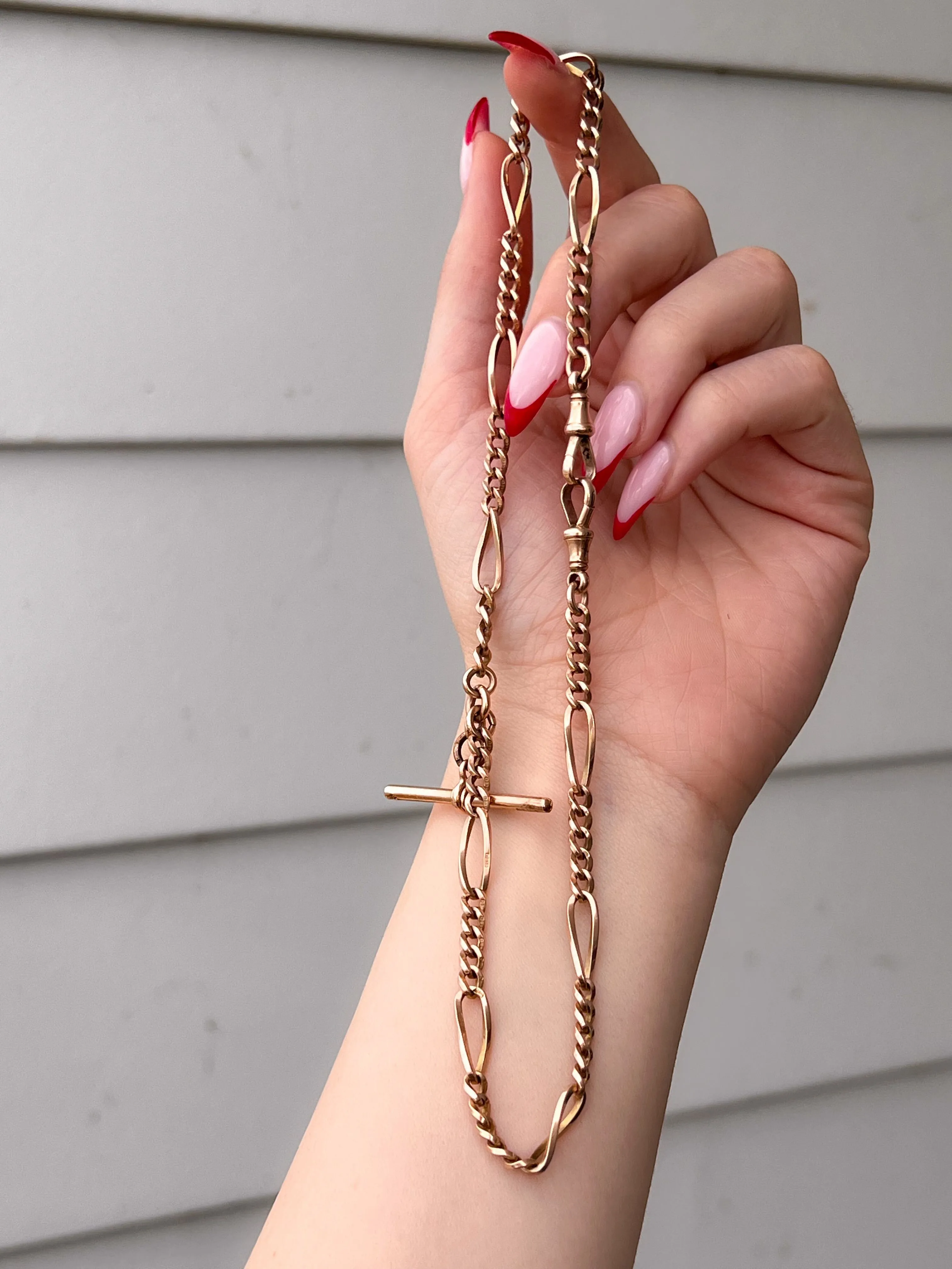 9k Victorian Watch Chain with T-Bar   Two Dog Clips