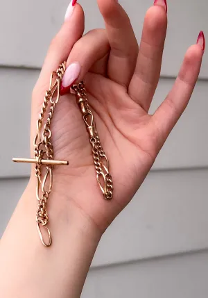 9k Victorian Watch Chain with T-Bar   Two Dog Clips