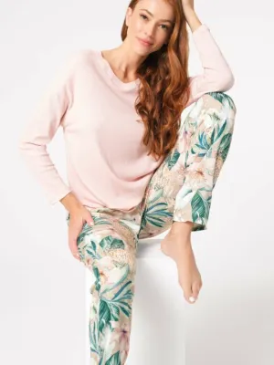 Anil Long Sleeve V-Neck Viscose Floral Patterned Winter Knitted Normal Waist Pajama Set
