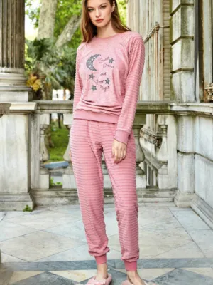 Anil Women’s Striped Fleece Chest Embroidery Long Sleeve Sweatshirt & Pants Set