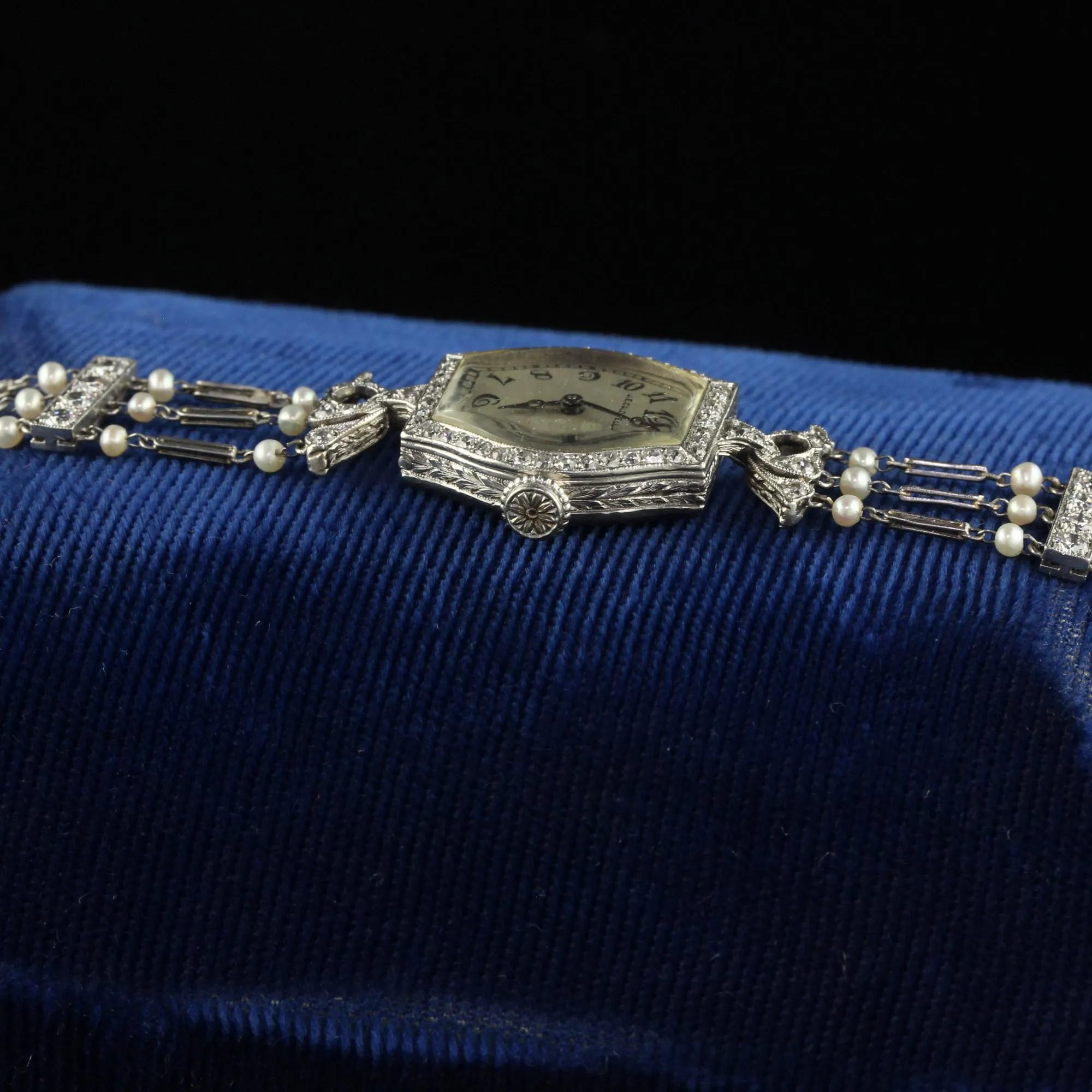 Antique Art Deco J. E. Caldwell Old Euro Diamond and Pearl Evening Watch
